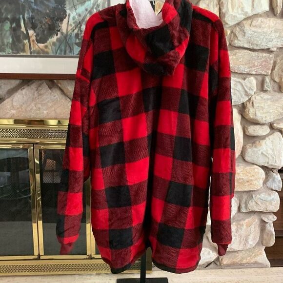 Unisex Buffalo plaid huggle one size fits most plush blanket hoodie - Picture 12 of 15